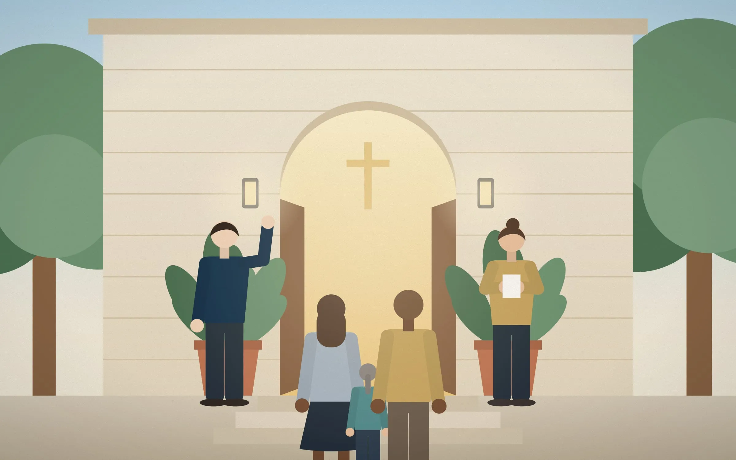 La entrada de la iglesia, donde el equipo de servidores recibe a quienes llegan